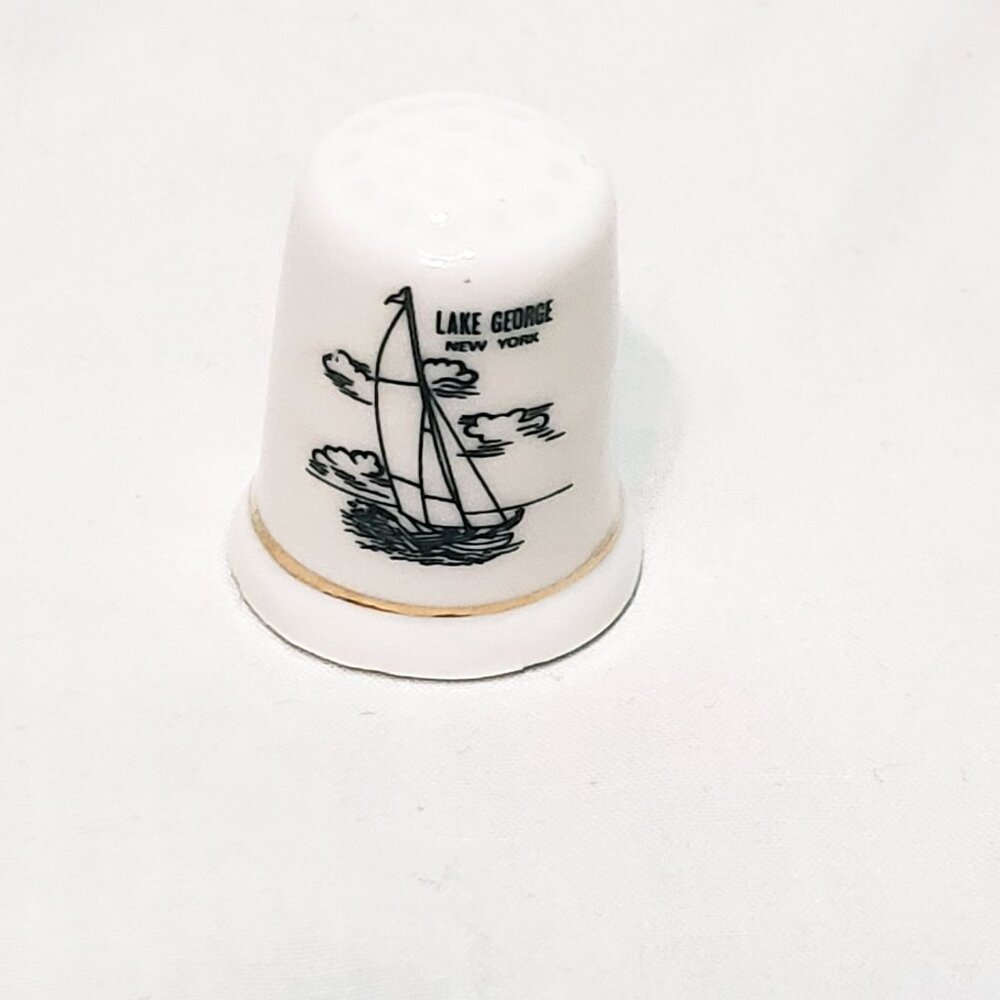 Lake George New York Sailboat Thimble Souvenir Porcelain Vintage 1" White Black